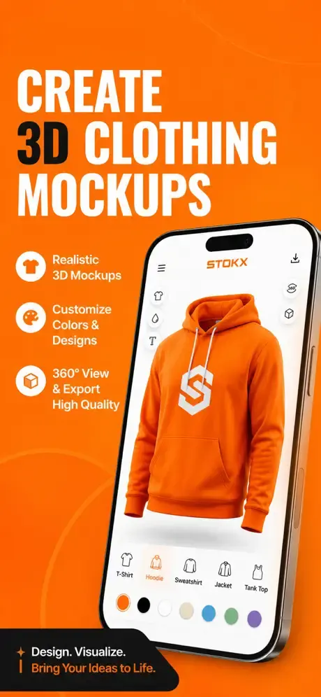 App StokX – Mockup 3D di felpa nell'editor con selettore di capo e colori