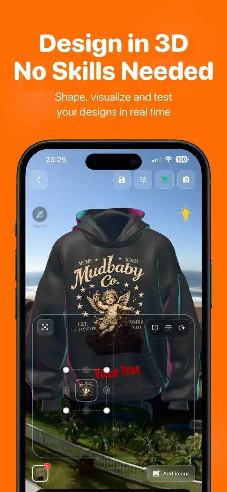 App StokX – Logo e testo personalizzato posizionati su una felpa 3D in tempo reale
