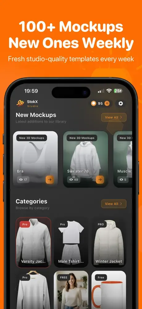 App StokX – Libreria con oltre 100 template di mockup di abbigliamento per categoria