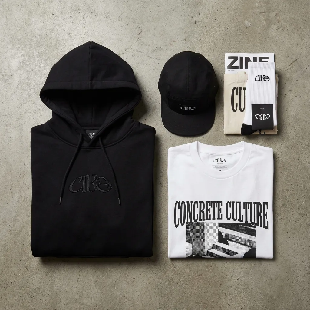 A merch drop laid out: hoodie, cap and printed t-shirts