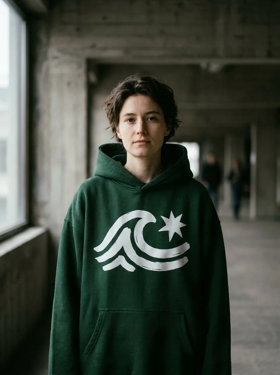 AI photoshoot: a model in a green hoodie with a wave logo