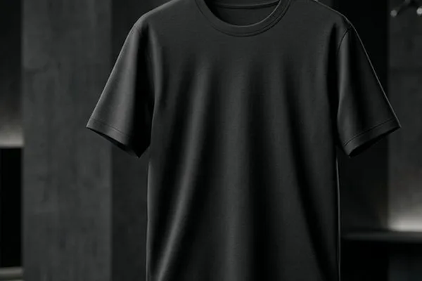 Black t-shirt in a dark studio scene, with a soft shadow added to the photo