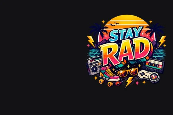 Finished Stay Rad clothing brand logo: a retro sunset, palm trees, roller skate and cassette on black