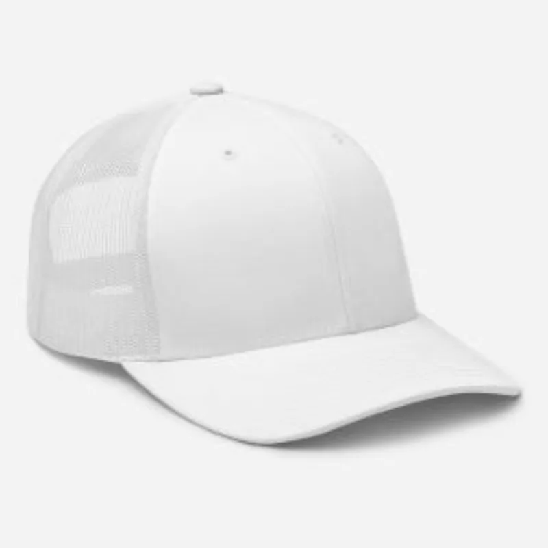 Blank white trucker hat with a mesh back and curved visor, the base for a custom hat mockup