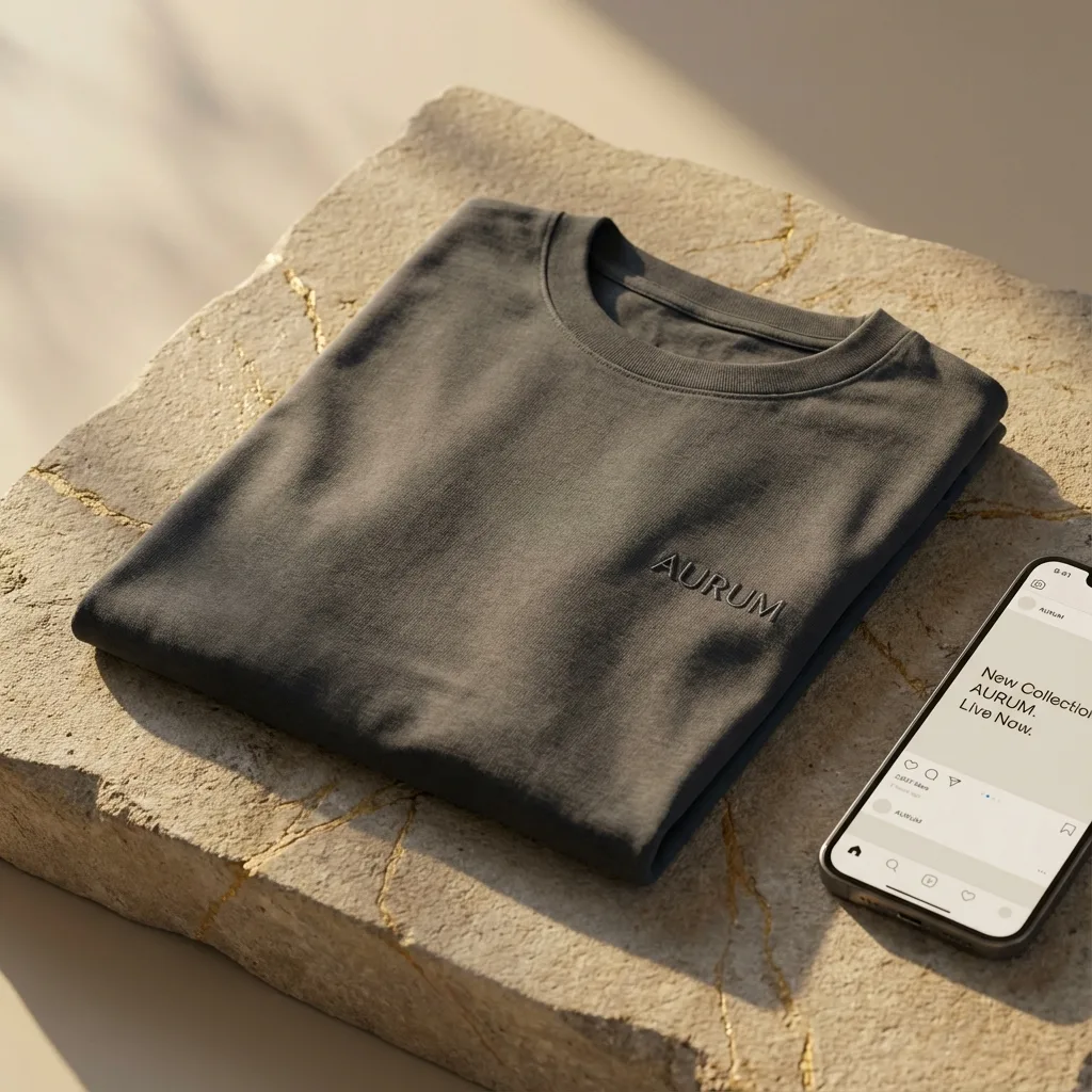 Folded dark t-shirt with a small logo on a stone slab, next to a phone showing the brand's new collection