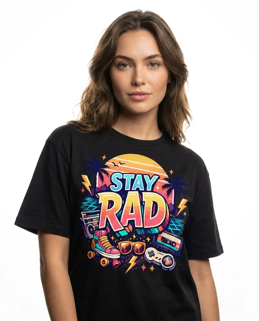 Woman in a black Stay Rad t-shirt on white, resized to a 4:5 portrait crop for an Instagram post