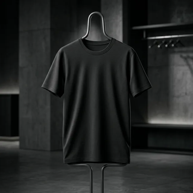 3D t-shirt mockup of a black tee on a hanger in a dark concrete studio