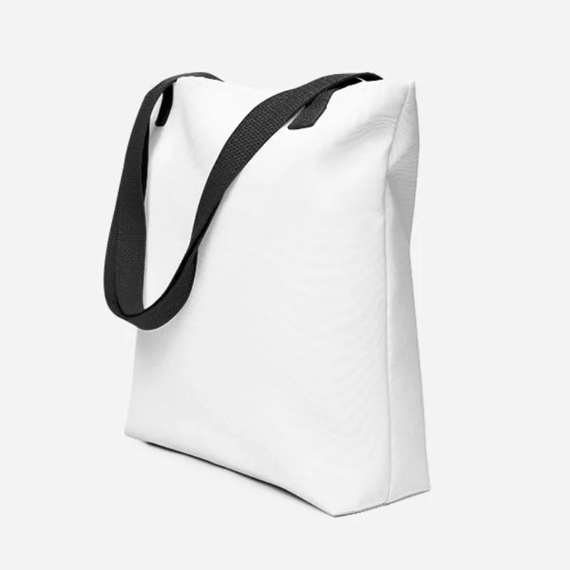 Blank white tote bag with black handles, seen from the side, ready for a custom tote bag mockup